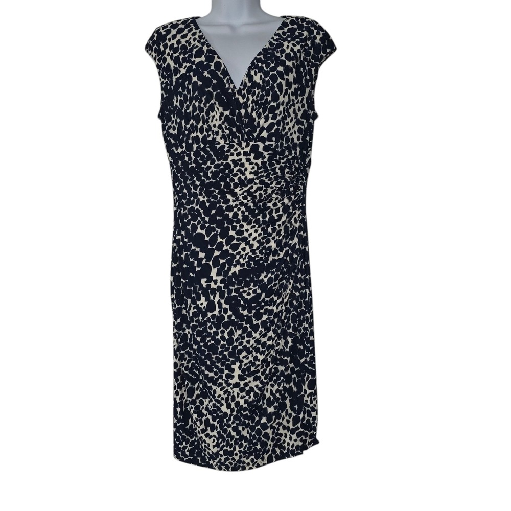 Lauren Ralph Lauren Midi Wrap Dress Womens Navy White 8 Animal‎ V Neck Pullover